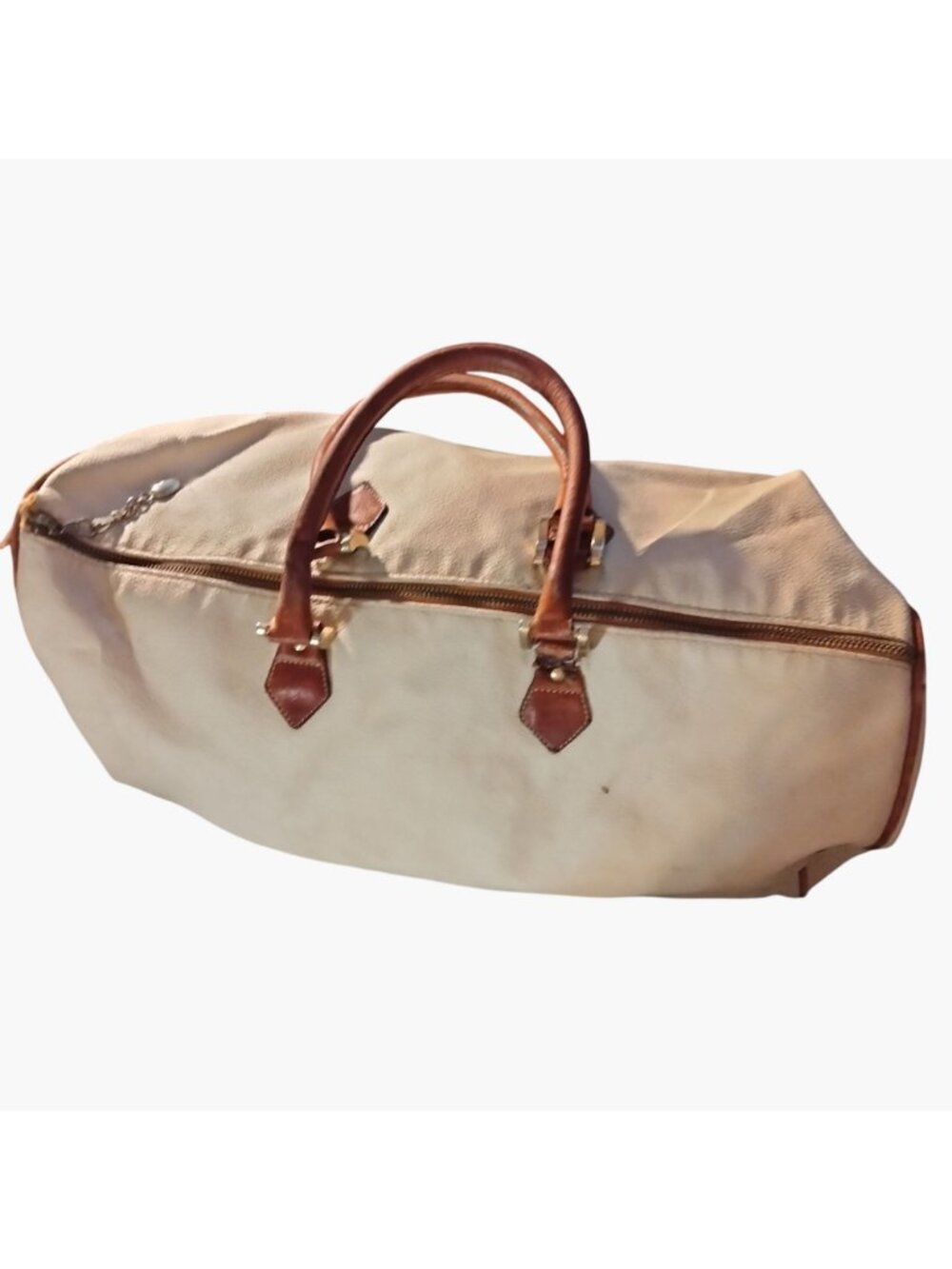 Fedra Milano Beige Leather Tote Bag Brown Handles Italy 1970s Vintage Shabby Dis - Picture 8 of 16